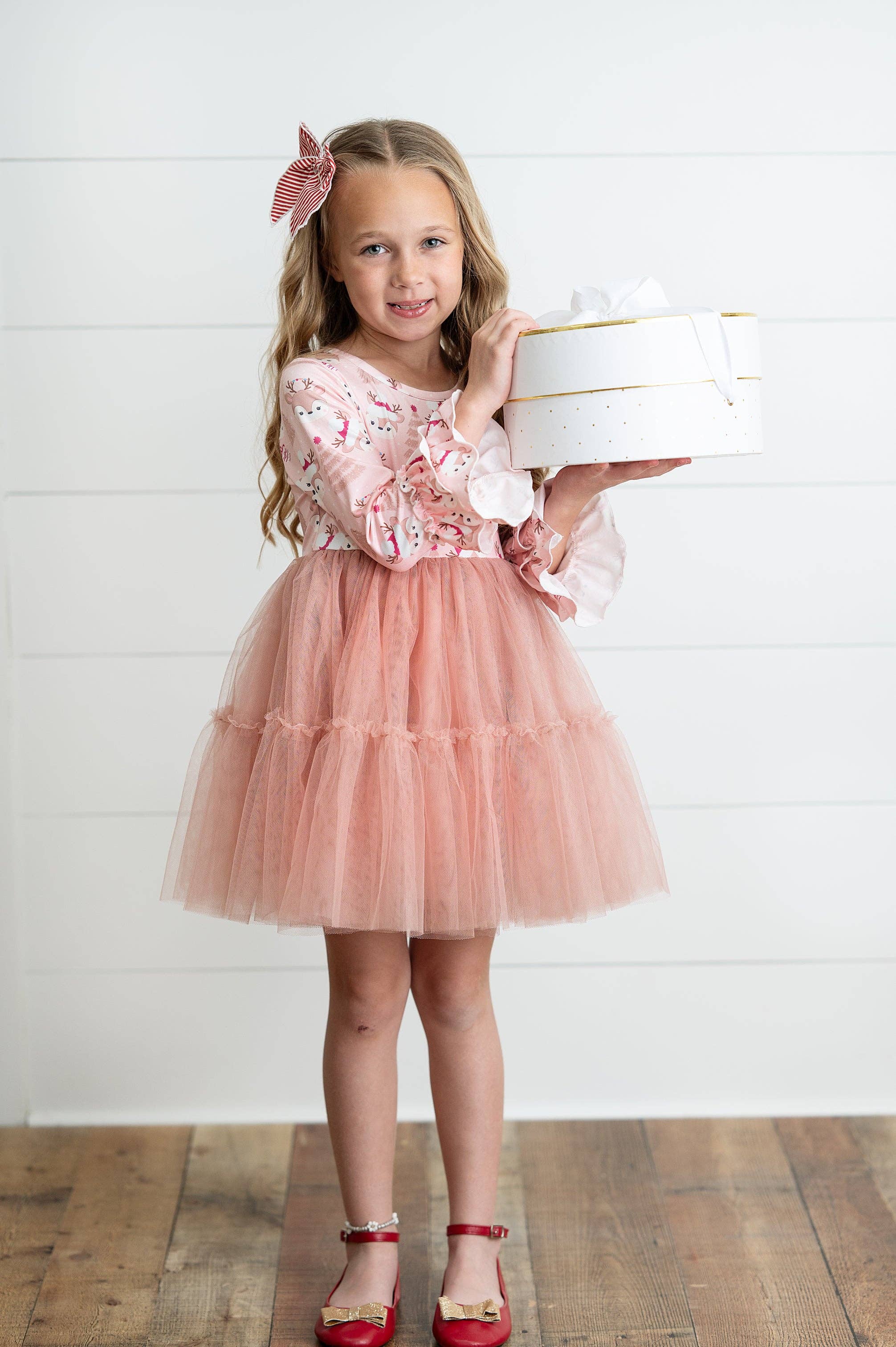 Kids Pink Reindeer Tulle Ruffle Sleeve Holiday Dress
