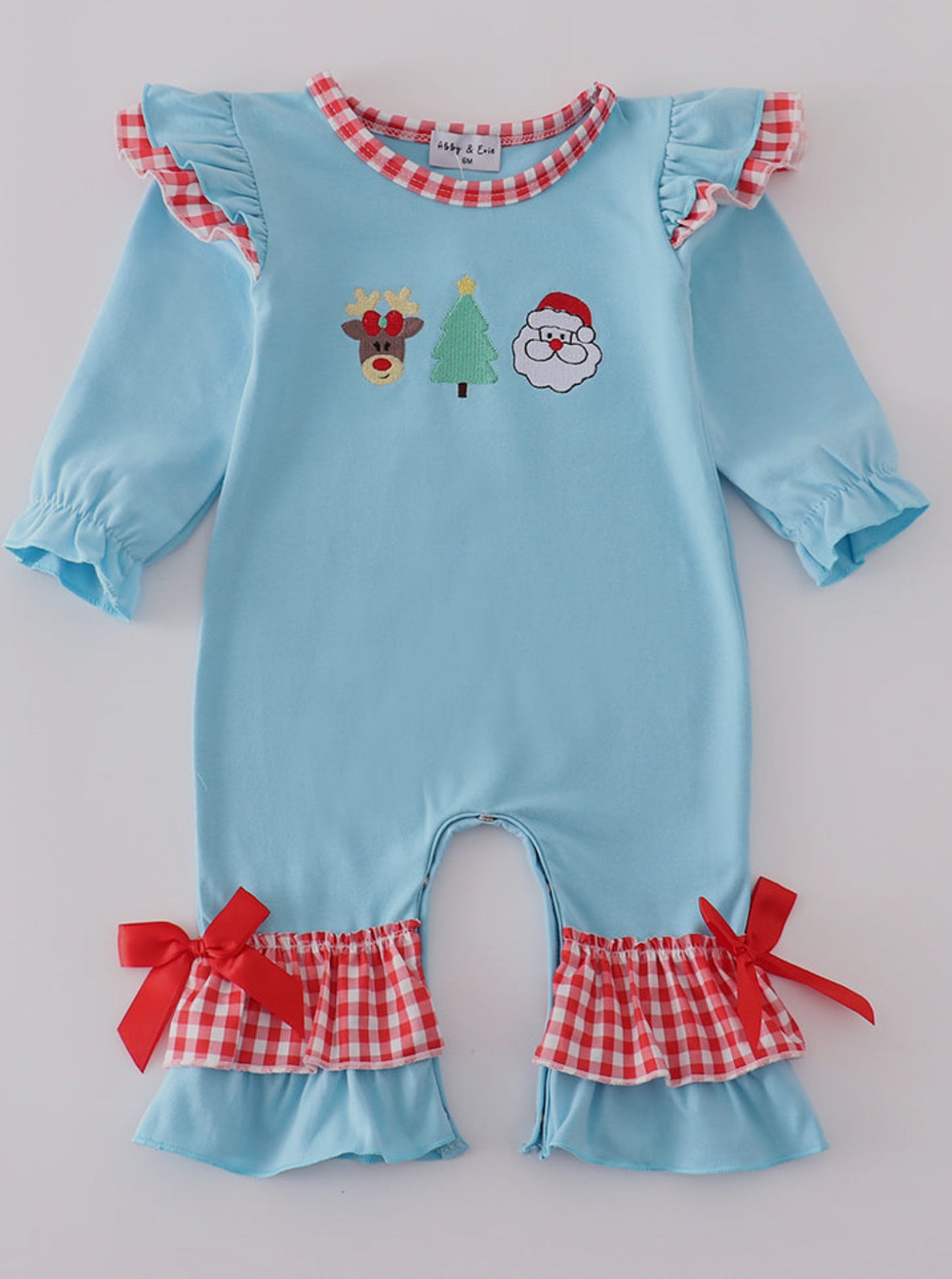 Blue deer tree Santa ruffle embroidery romper