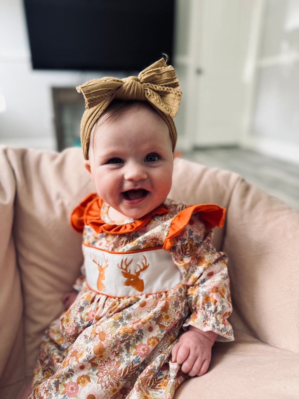 Rust floral print deer embroidery ruffle bubble