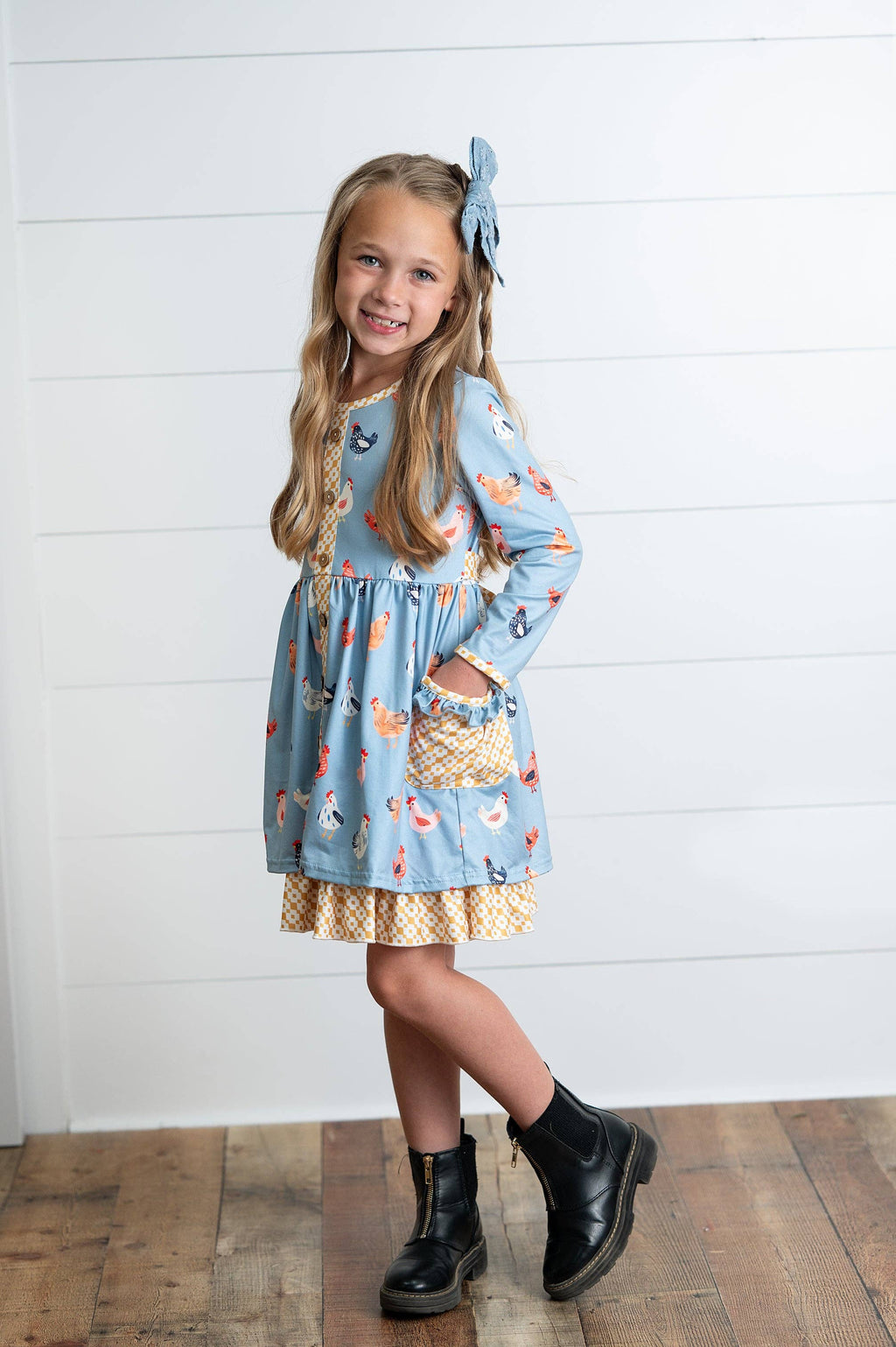 Girls Blue Chicken Ruffle Button Pocket Tie Fall Dress