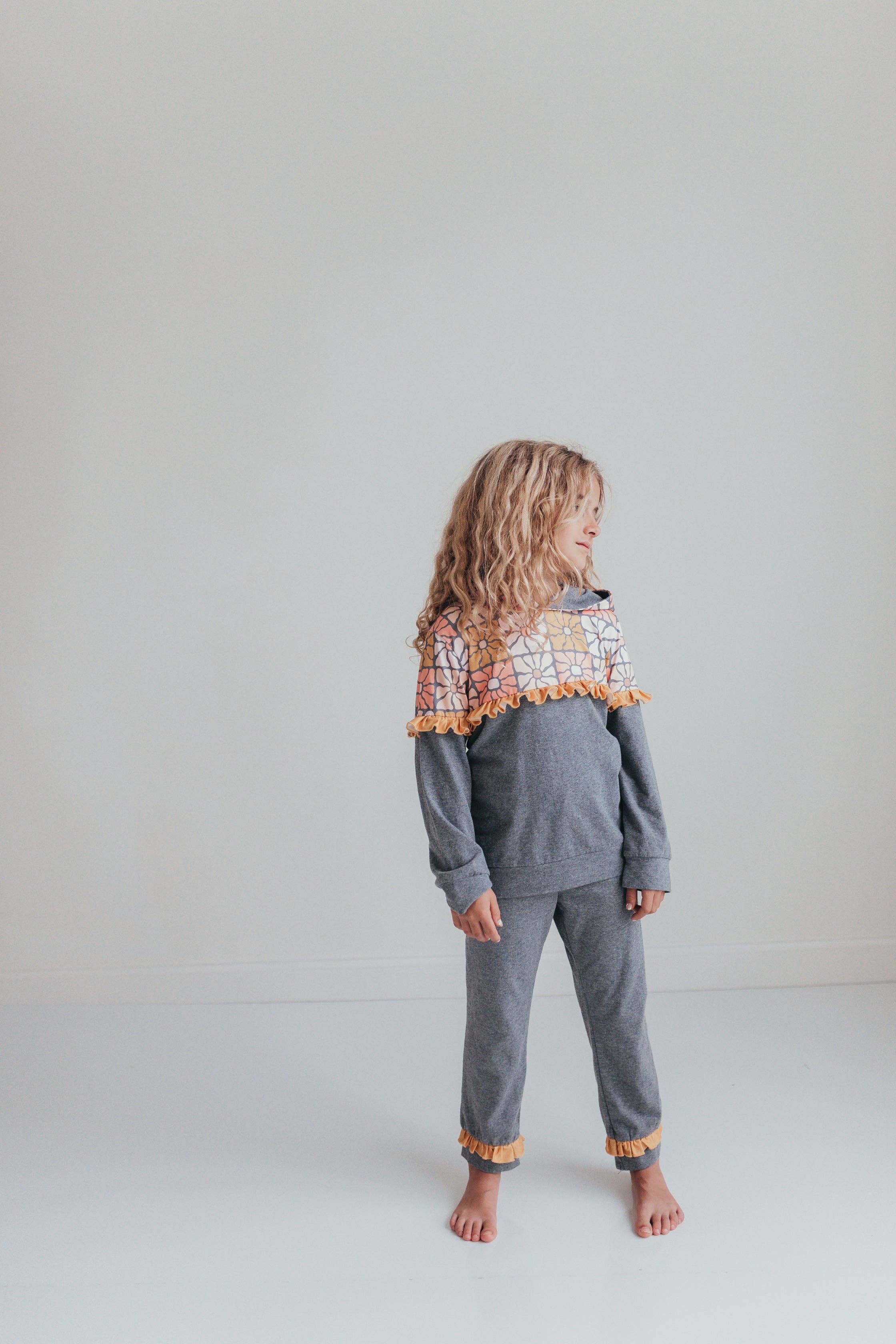 Kids Gray & Mustard Flower Hoodie Sweat Pant Loungewear Set
