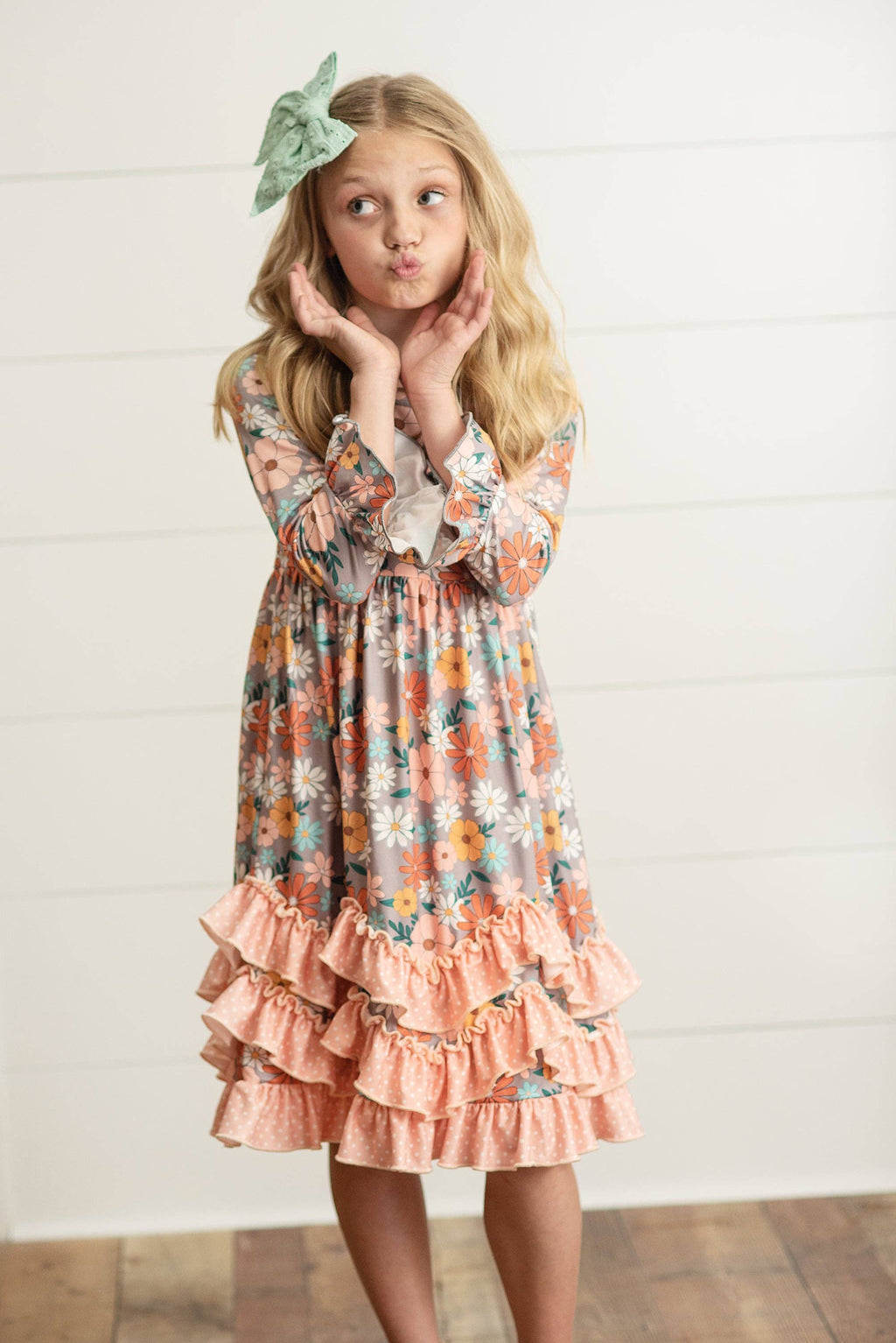 Kids Peach Vintage Floral Long Sleeve Fall 3 Ruffle Dress