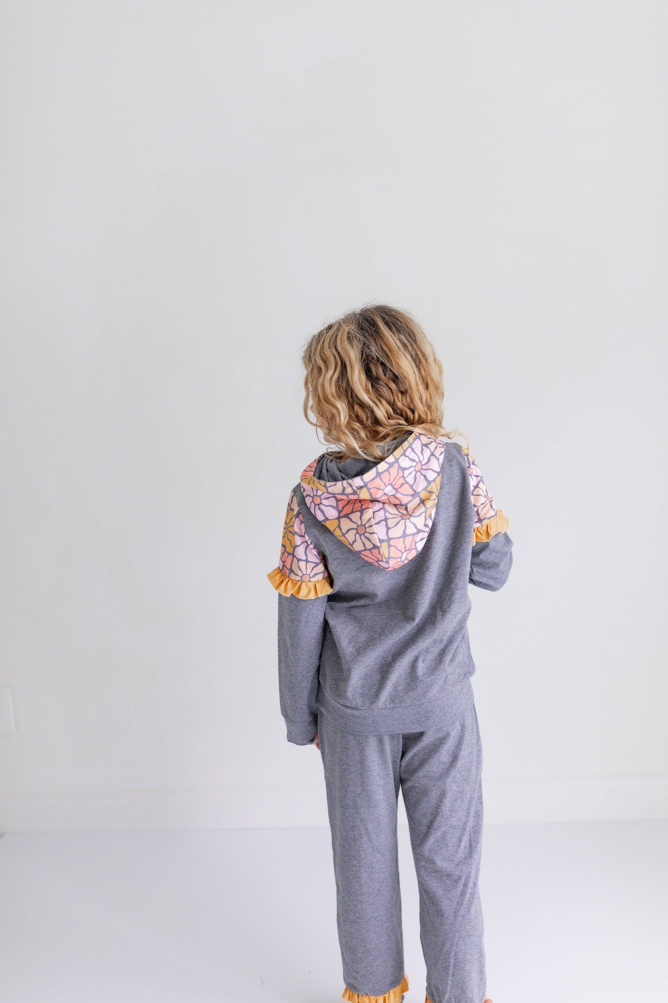 Kids Gray & Mustard Flower Hoodie Sweat Pant Loungewear Set
