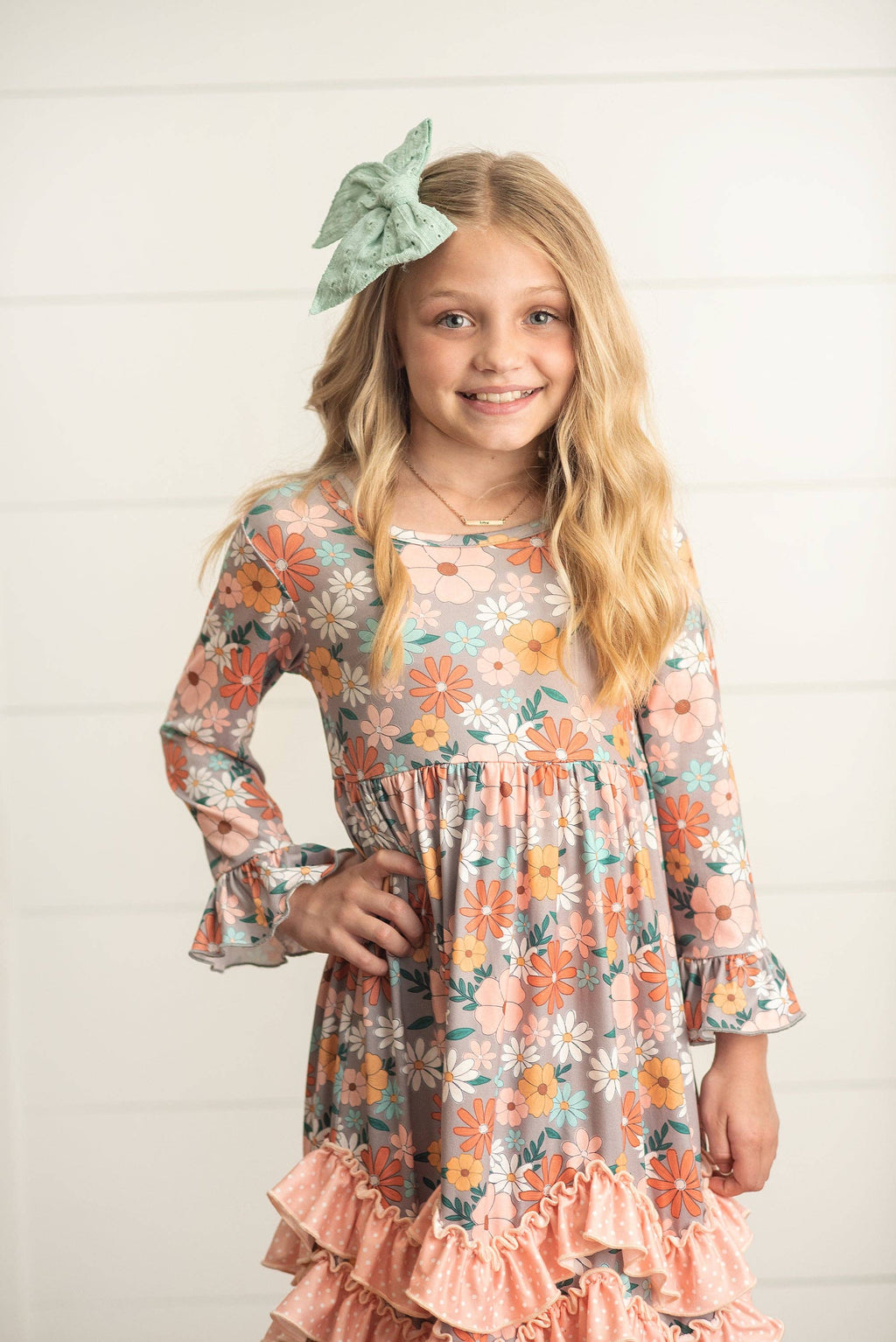Kids Peach Vintage Floral Long Sleeve Fall 3 Ruffle Dress