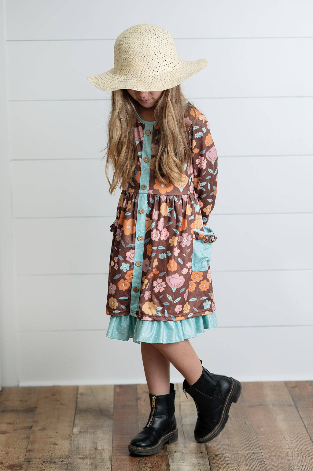 Girls Brown Floral Ruffle Pocket Tie Fall Dress