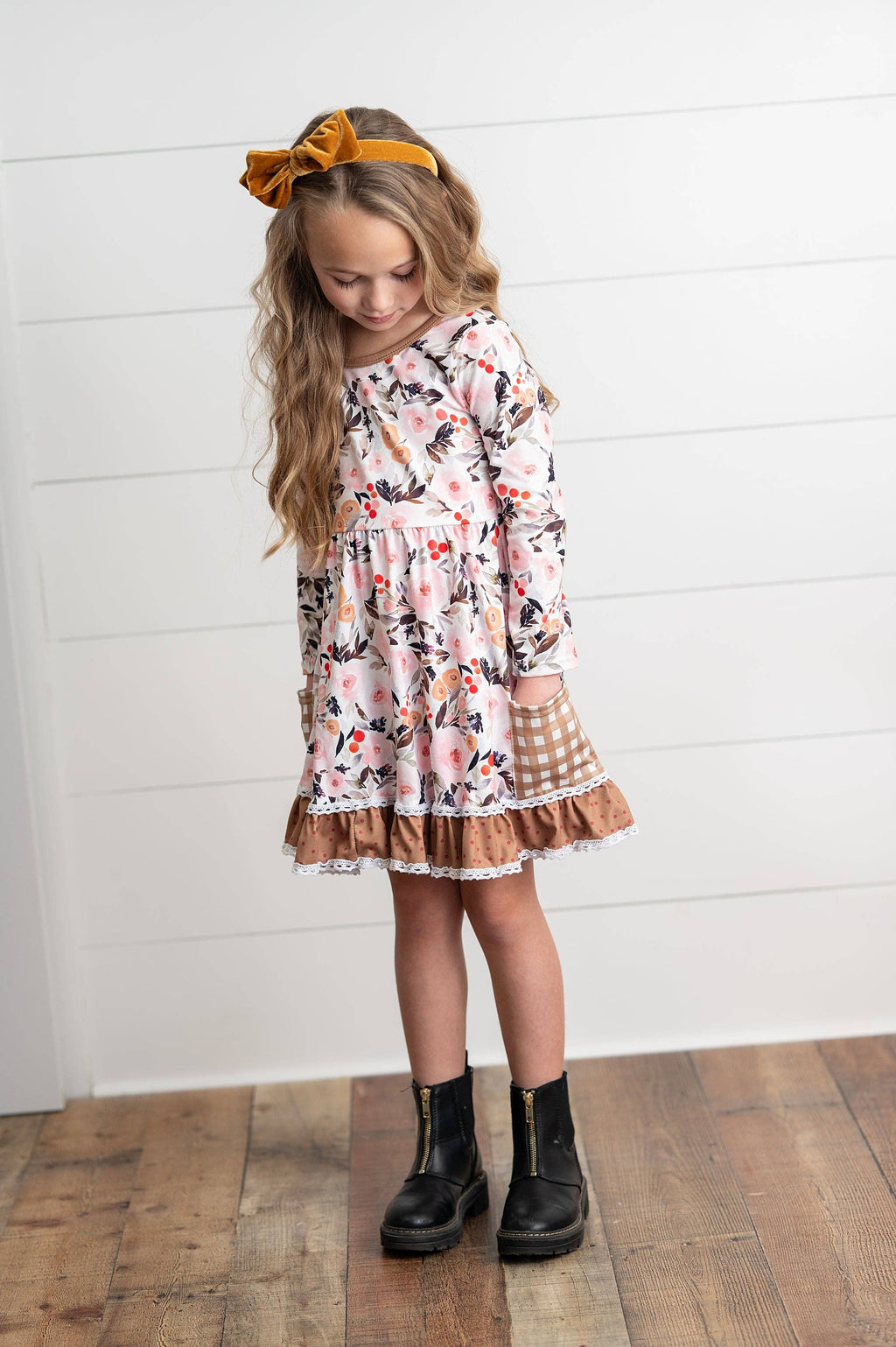 Girls Brown Check Pocket Fall Floral Dress With Cross Back