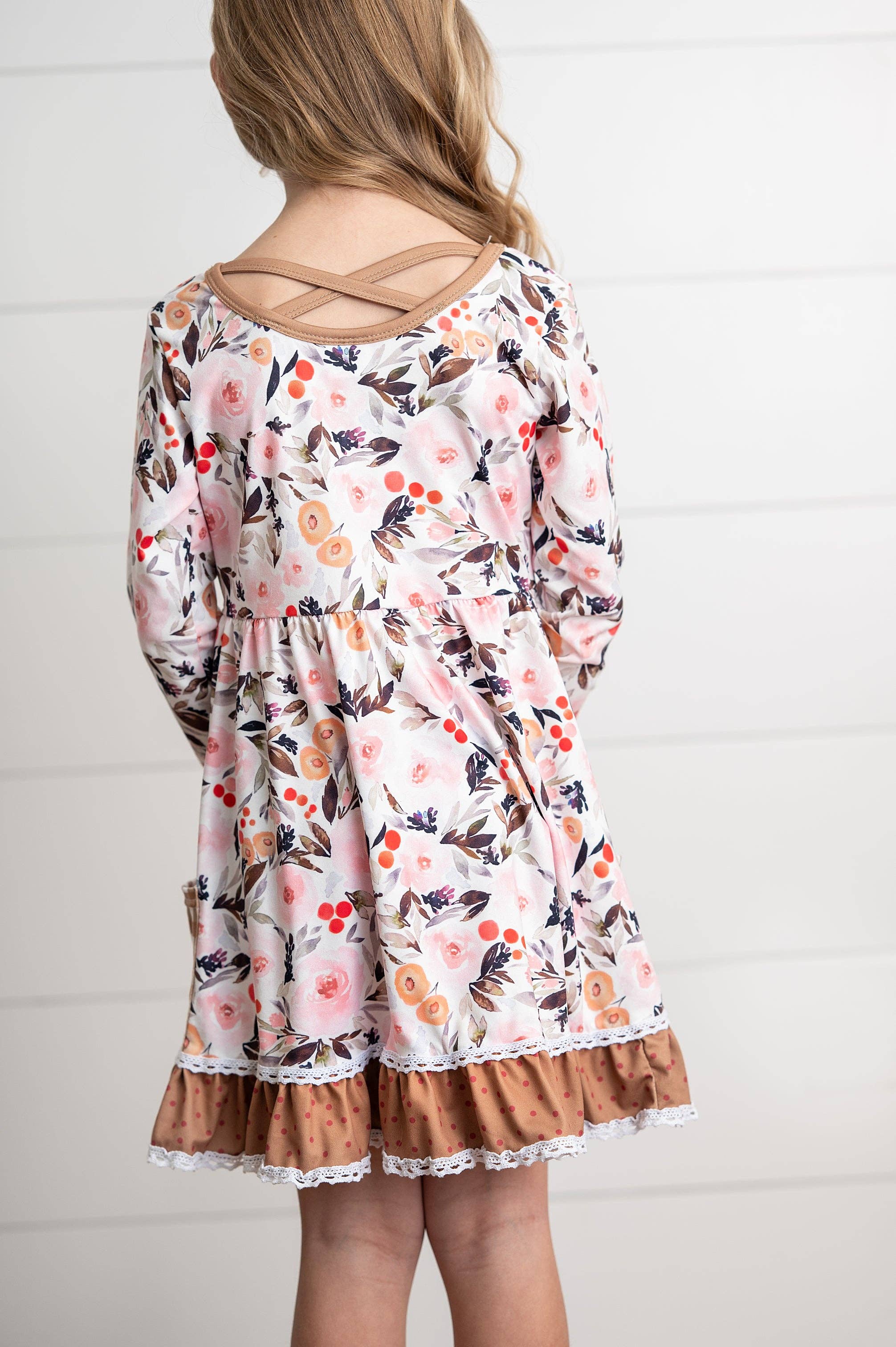 Girls Brown Check Pocket Fall Floral Dress With Cross Back