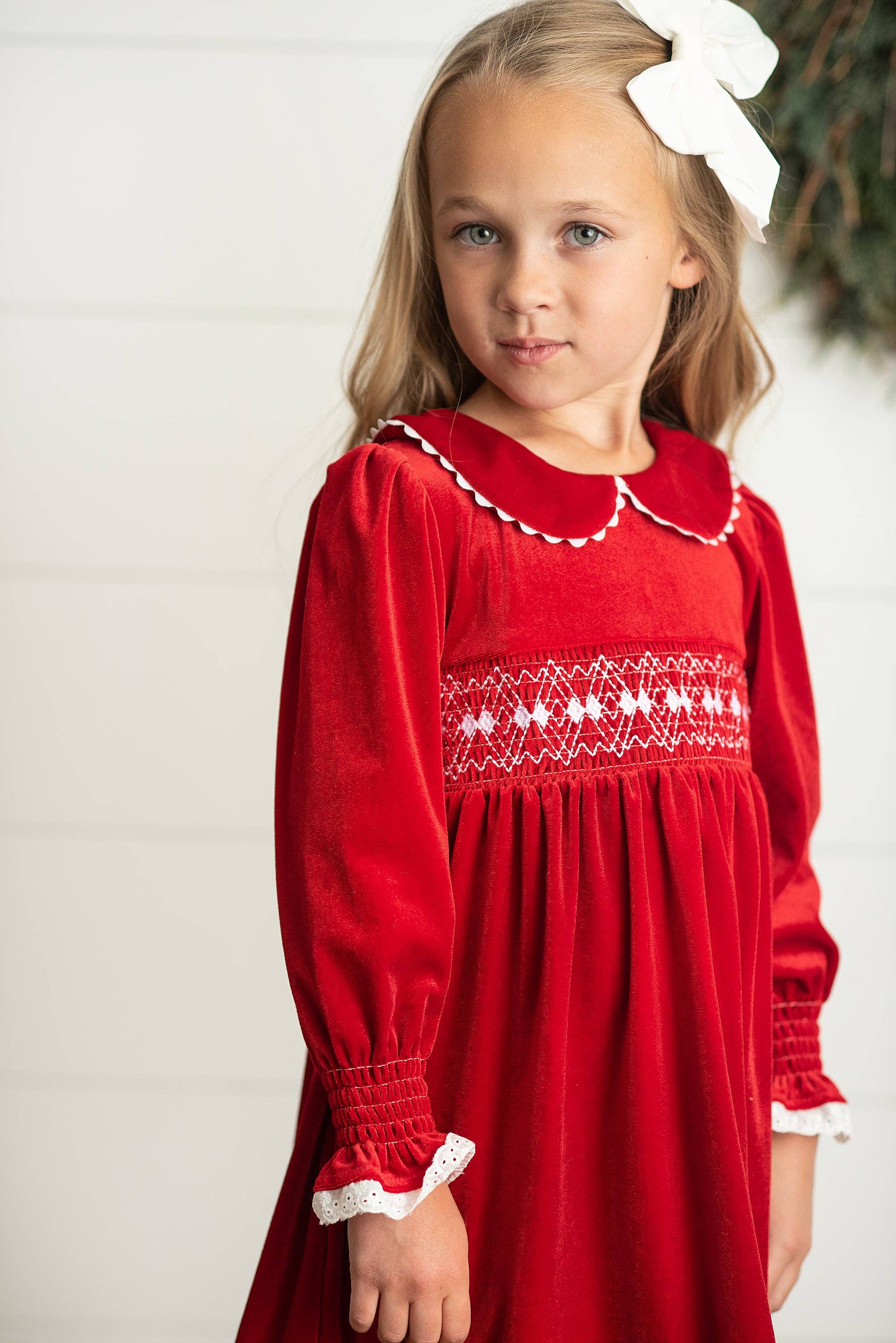 Kids Red Velvet Smocked Lace Peter Pan Winter Holiday Dress
