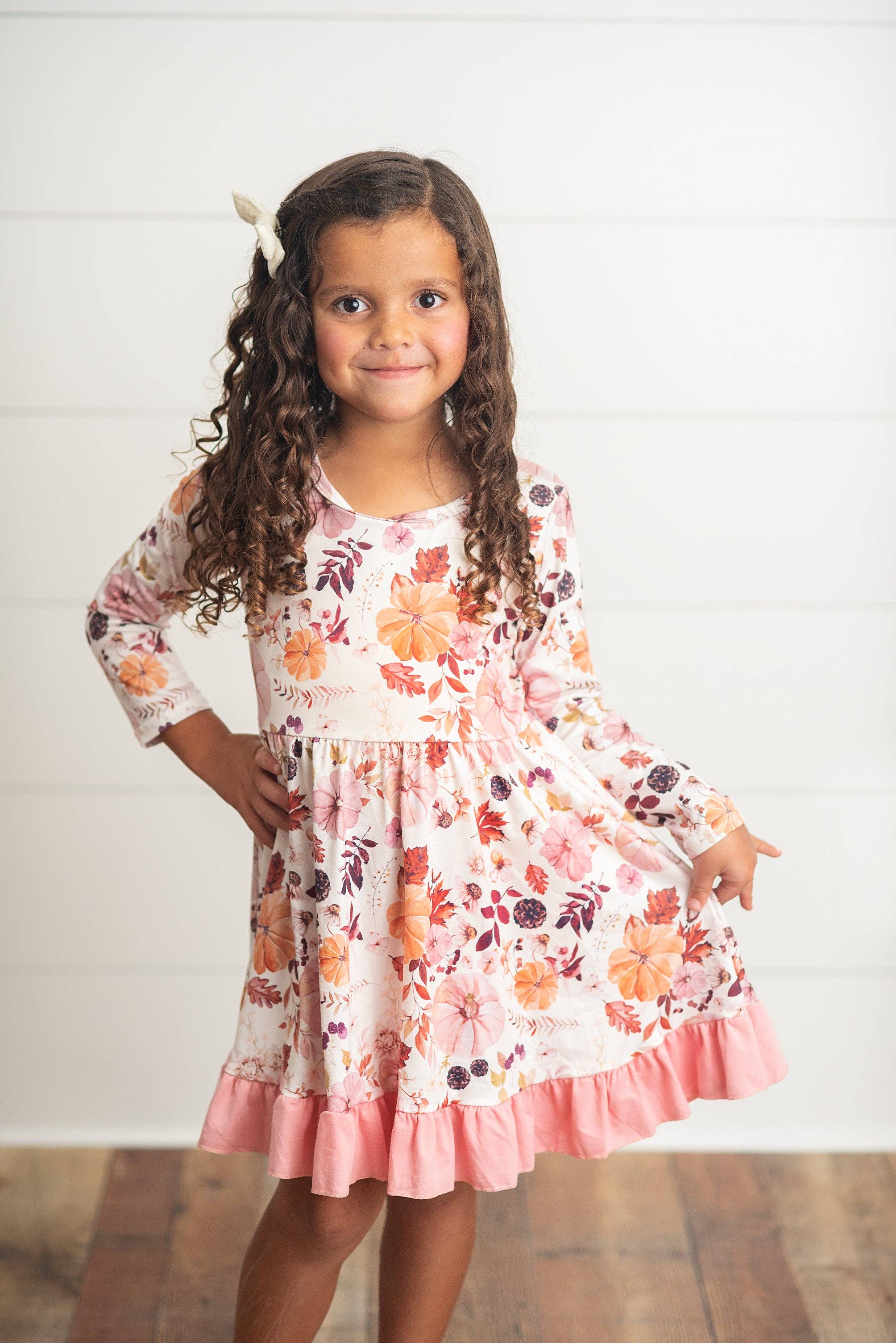 Kids Pink & Coral Vintage Pumpkin Floral Ruffle Fall Dress