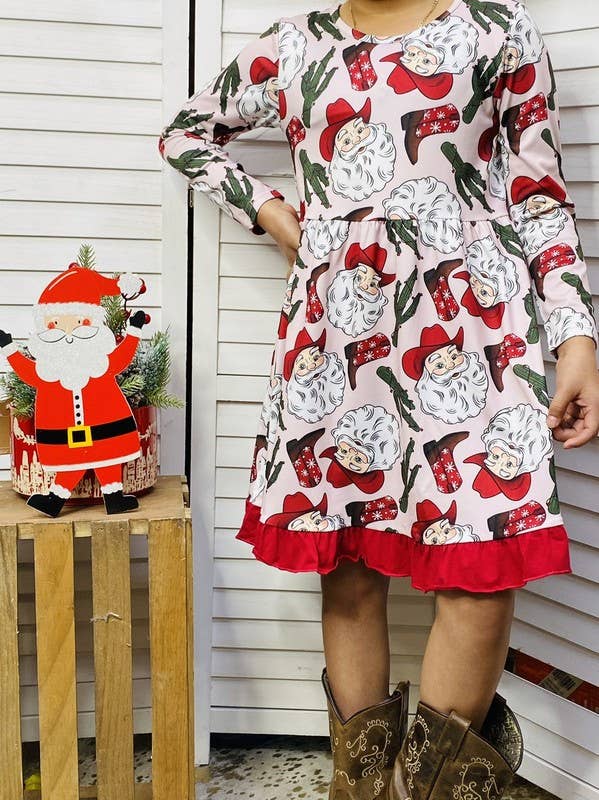 Kids Santa & Cactus & Boots print swirl dress XCH0017-12H