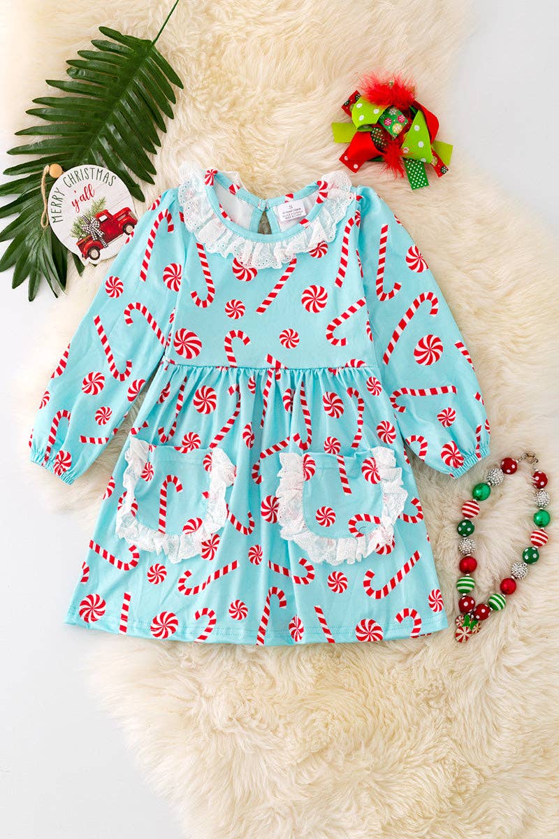 Candy cane aqua dress with embroidered pockets.🎄DRG42123 AMY