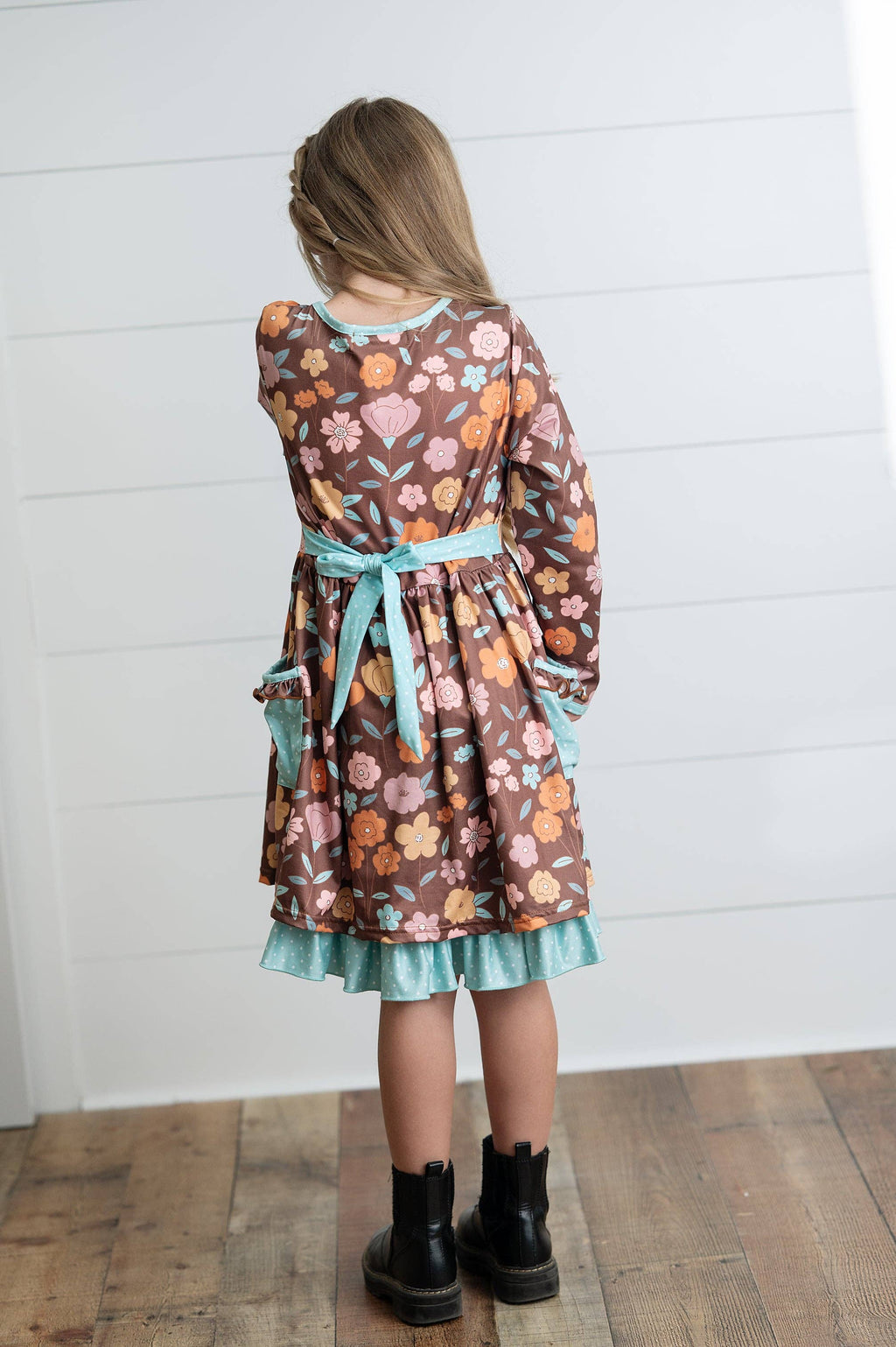 Girls Brown Floral Ruffle Pocket Tie Fall Dress