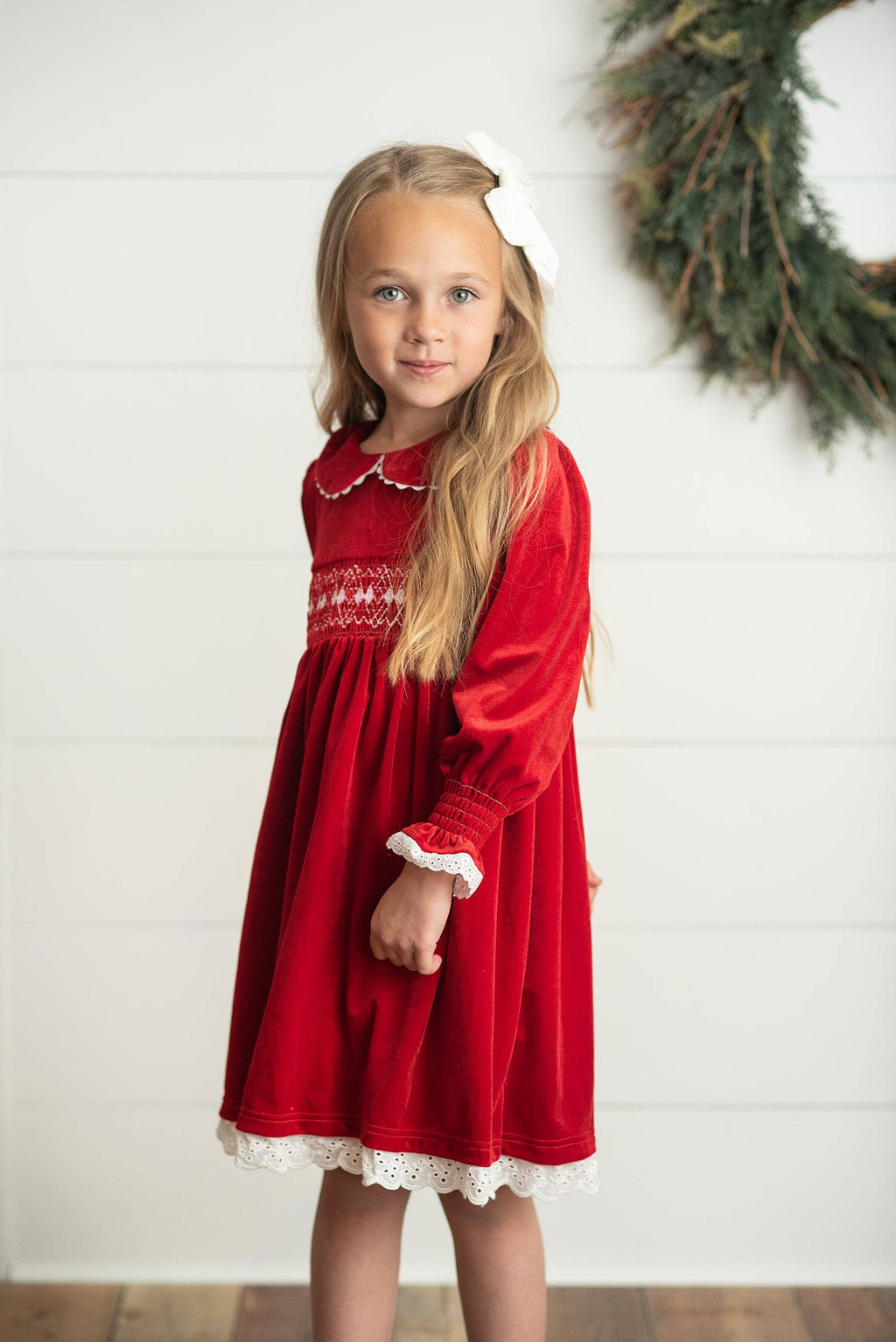 Kids Red Velvet Smocked Lace Peter Pan Winter Holiday Dress