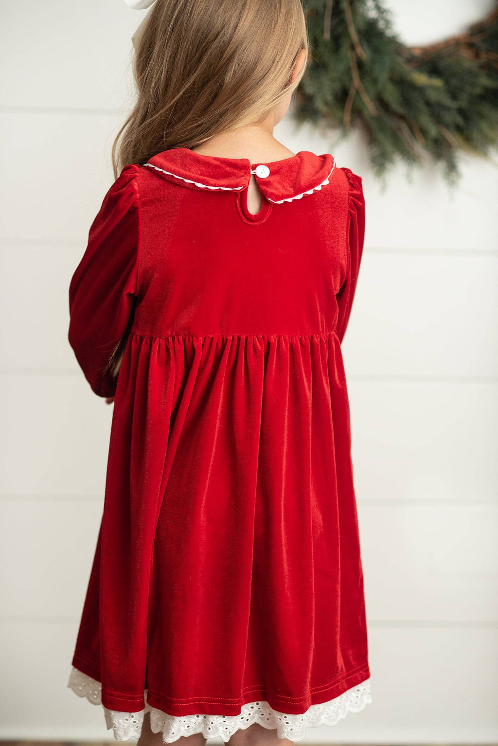 Kids Red Velvet Smocked Lace Peter Pan Winter Holiday Dress