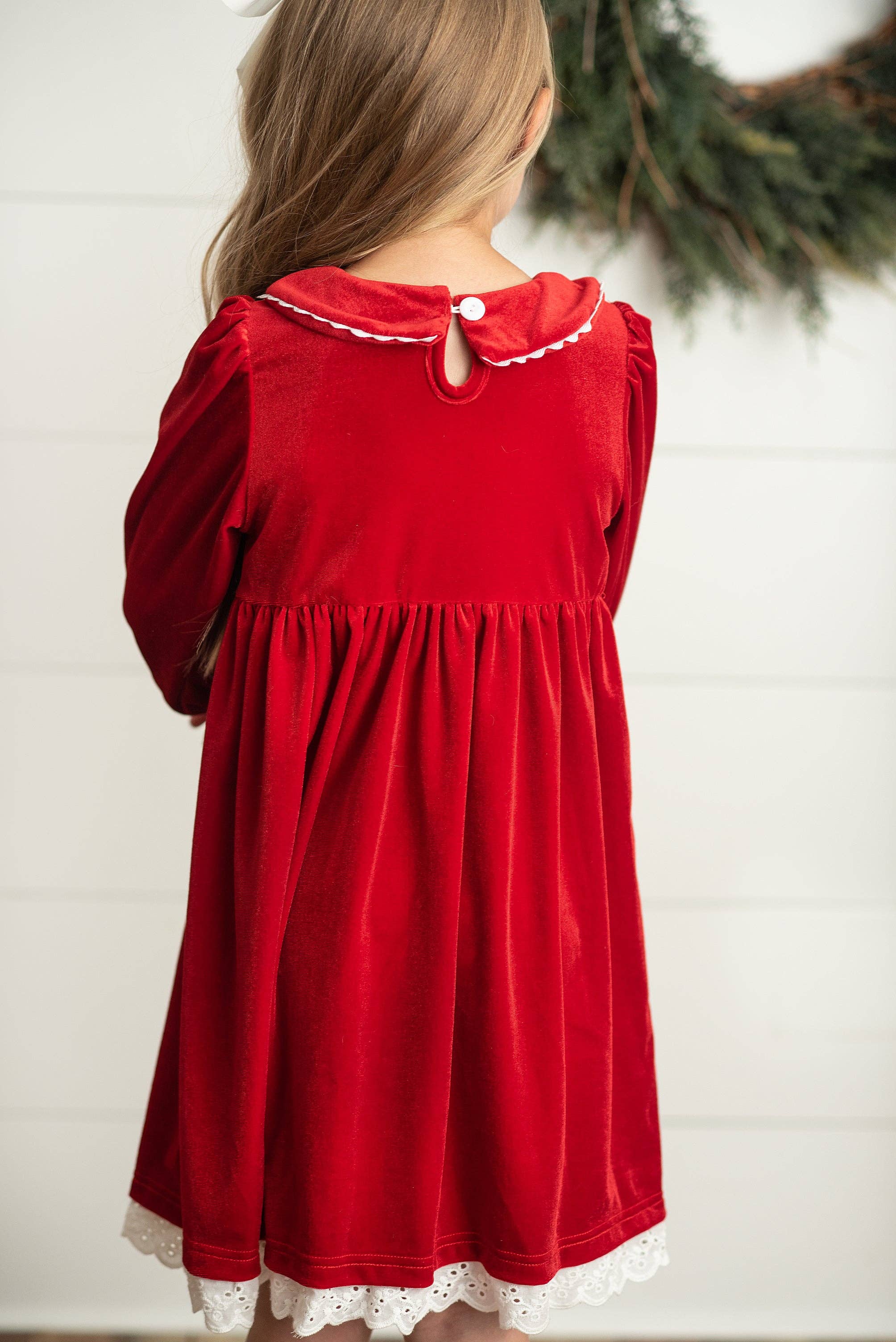 Kids Red Velvet Smocked Lace Peter Pan Winter Holiday Dress