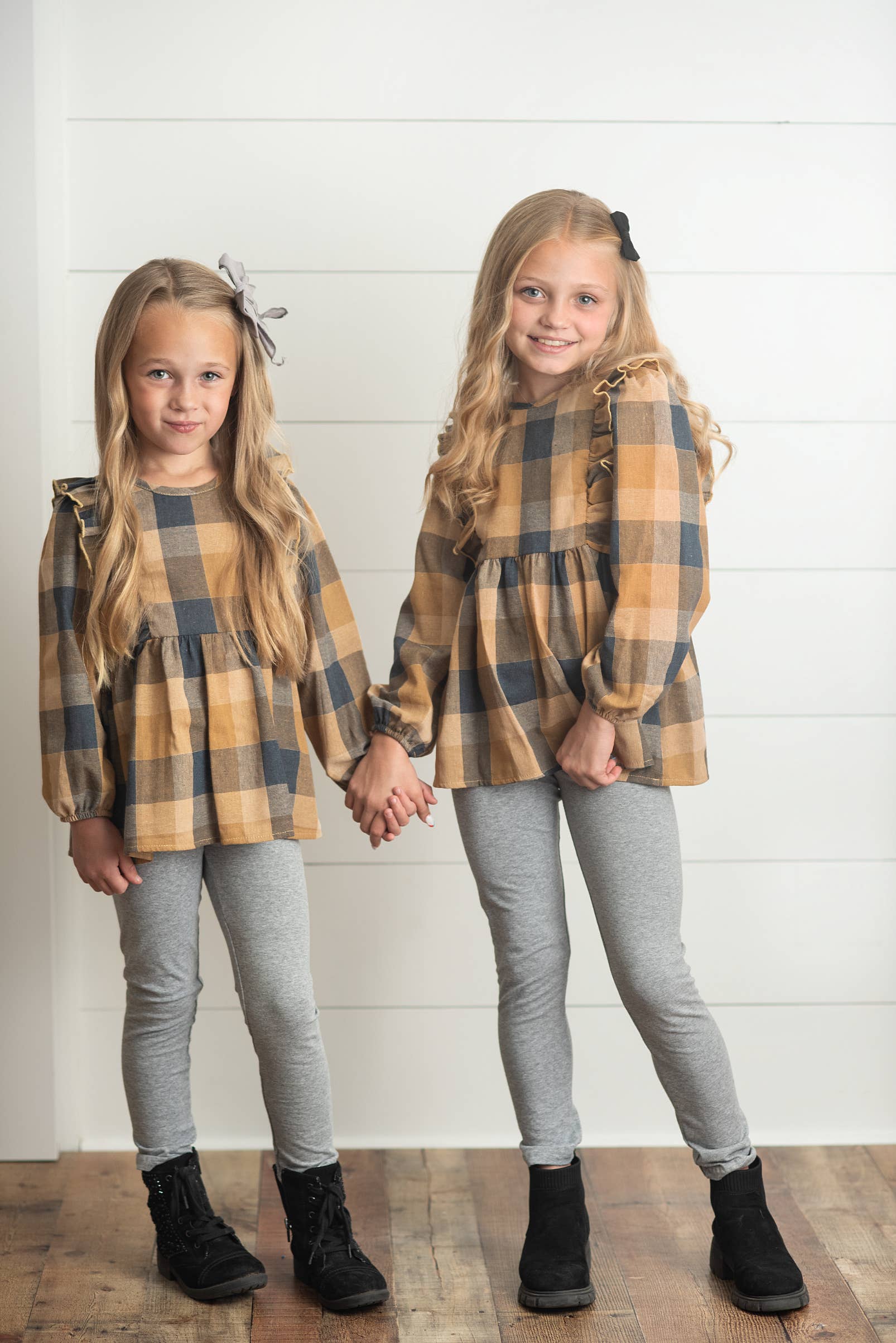 Girls Mustard & Gray Plaid Ruffle Button Fall Winter Set