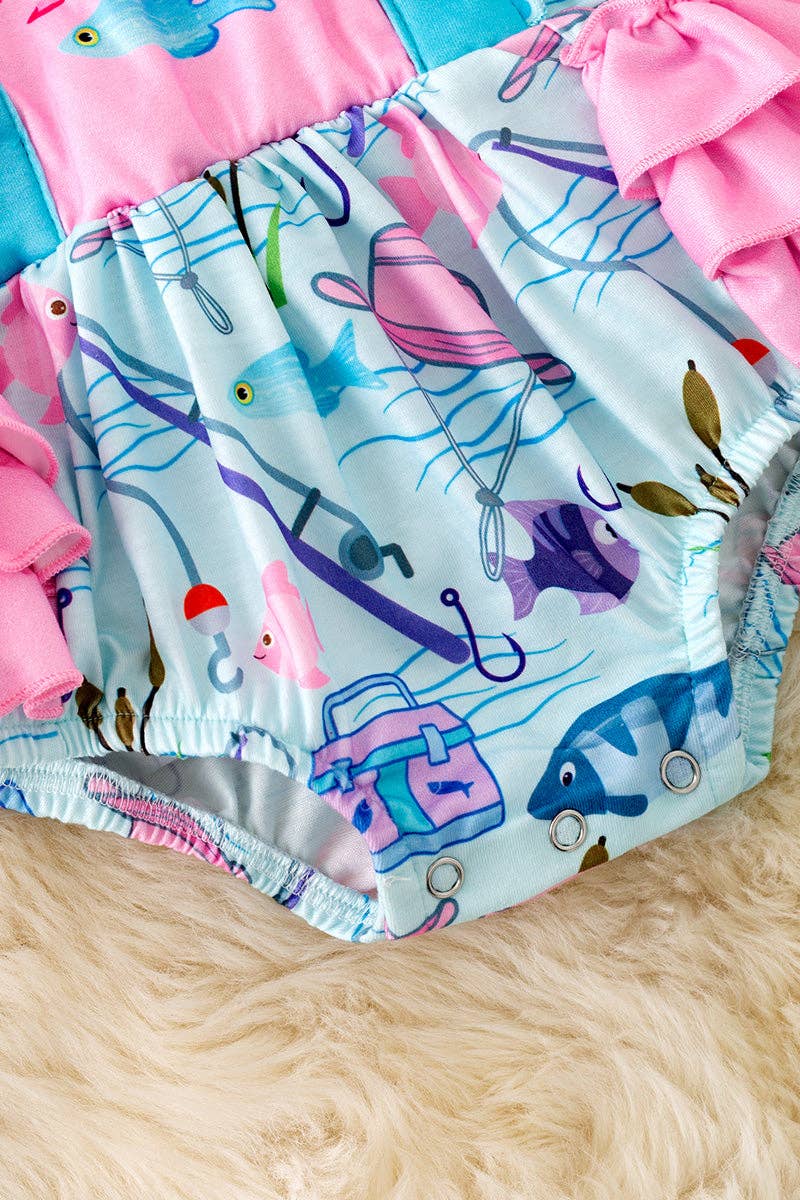 Ruffle butt, gone fishing baby onesie with snaps. RPG50601 JEAN