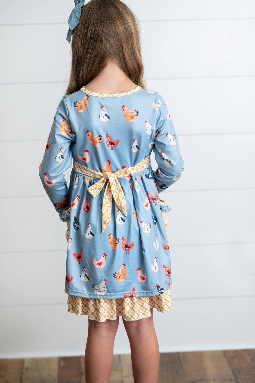 Girls Blue Chicken Ruffle Button Pocket Tie Fall Dress