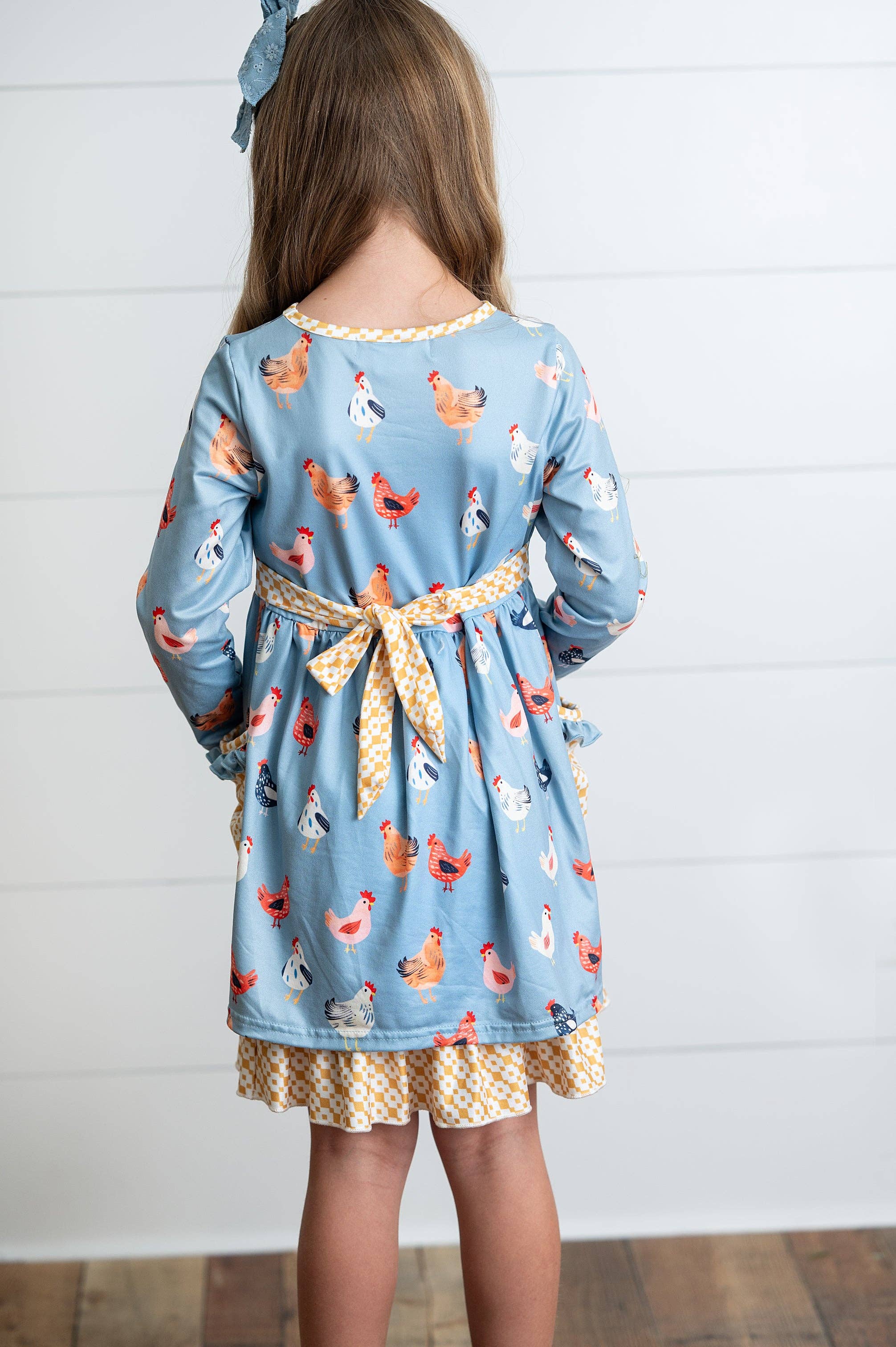 Girls Blue Chicken Ruffle Button Pocket Tie Fall Dress