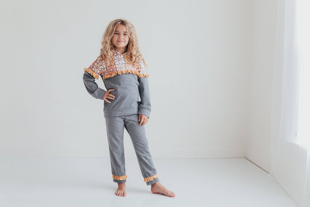 Kids Gray & Mustard Flower Hoodie Sweat Pant Loungewear Set