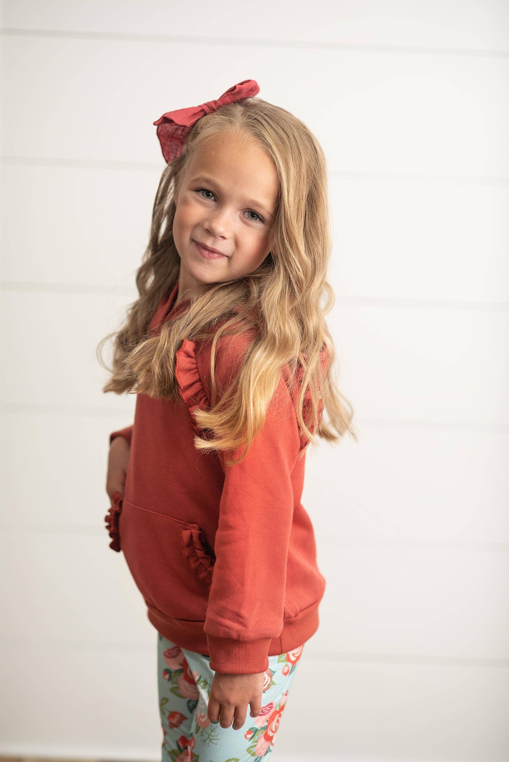 Kids Rust Pocket Ruffle Hoodie Shirt & Leggings Fall Set