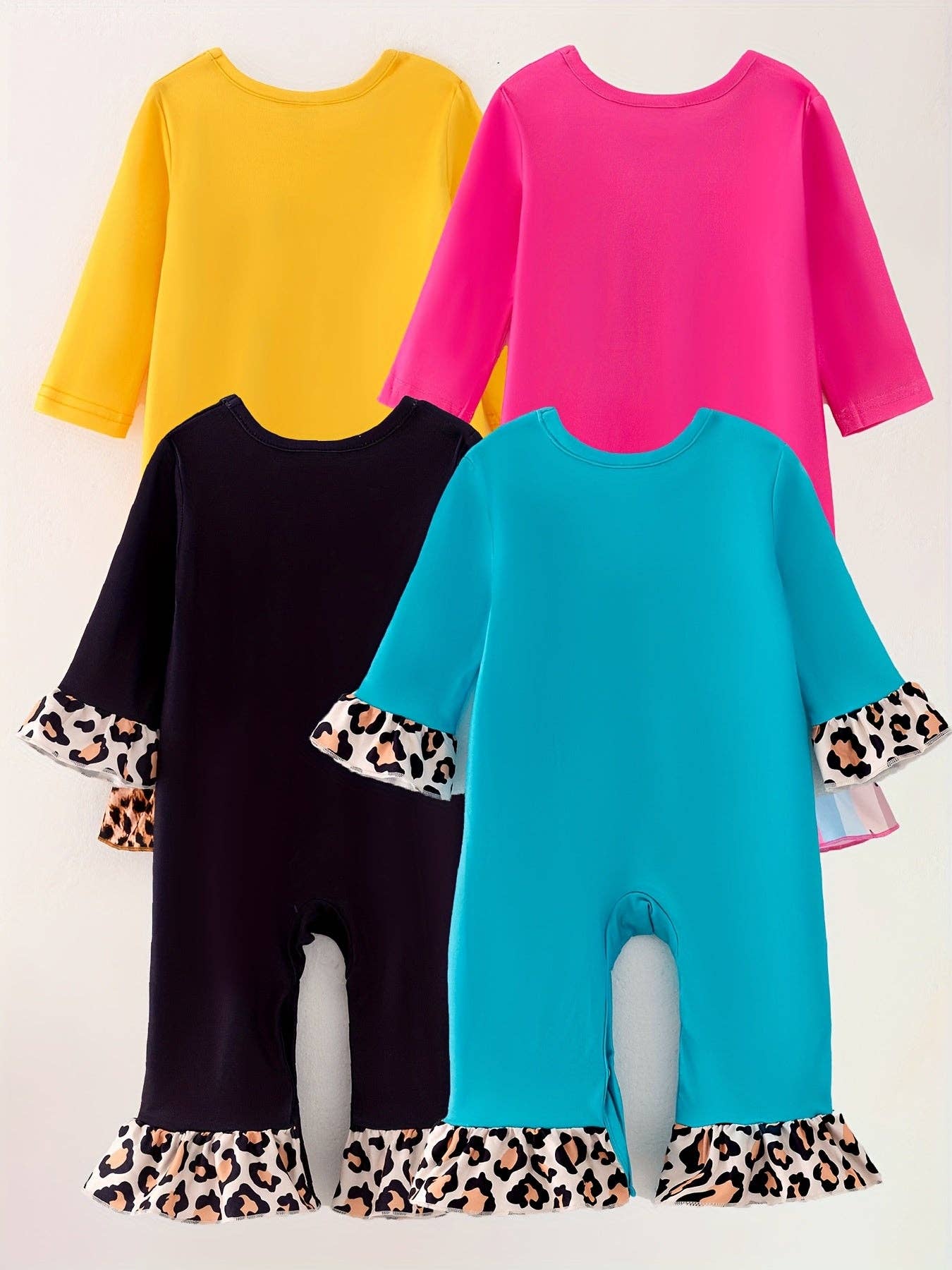 4 piece Baby Girl Autumn /Winter Cow Letter Leopard O-neck Ruffle Romper Set