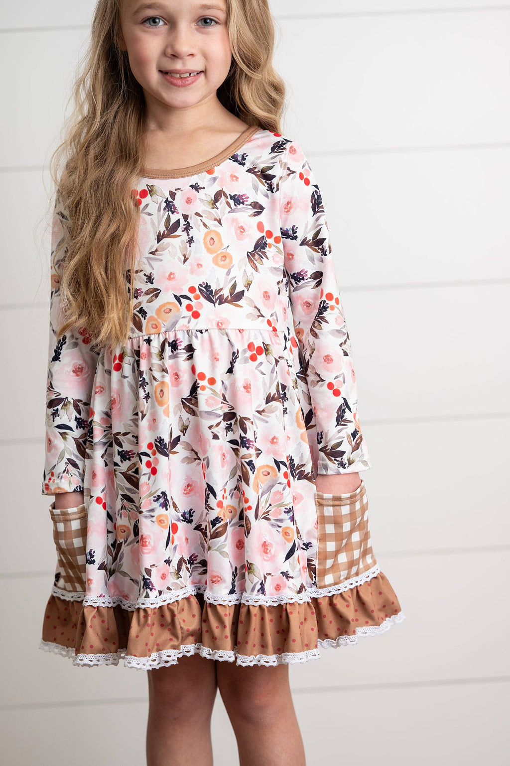 Girls Brown Check Pocket Fall Floral Dress With Cross Back