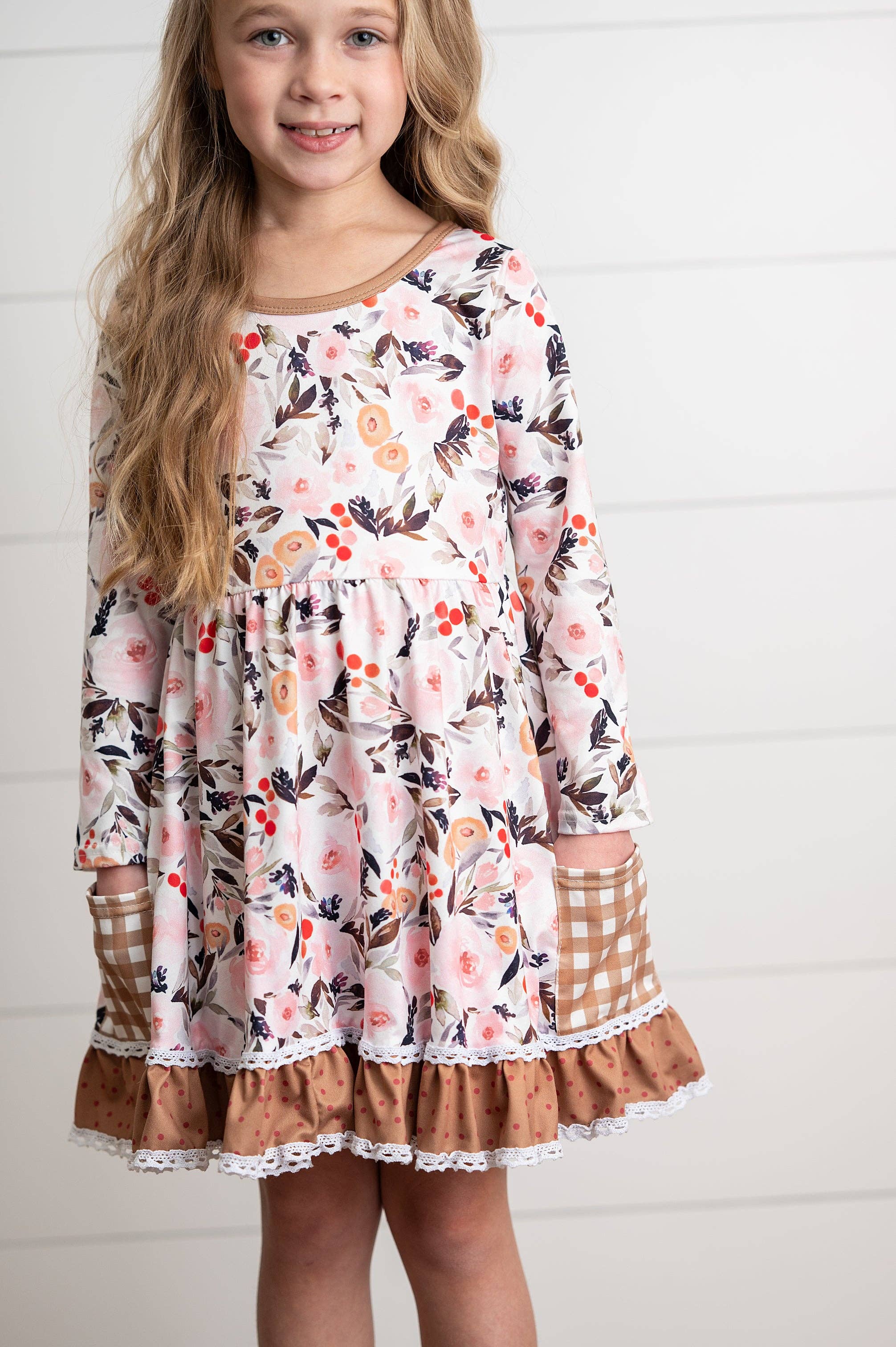 Girls Brown Check Pocket Fall Floral Dress With Cross Back