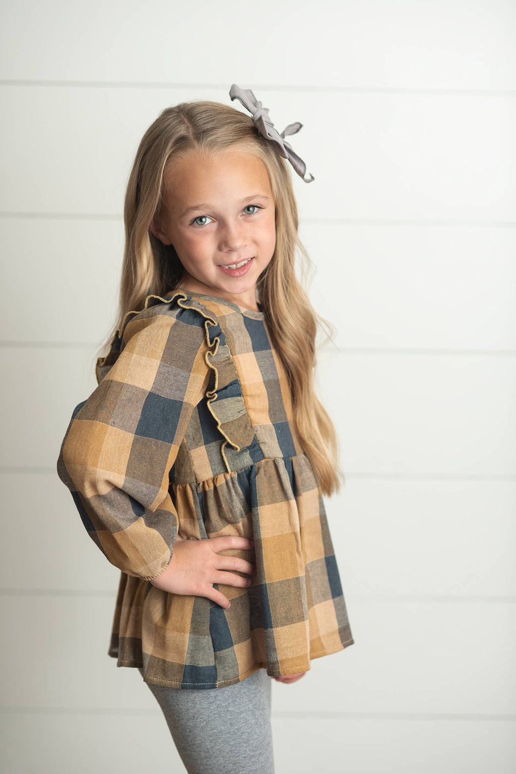 Girls Mustard & Gray Plaid Ruffle Button Fall Winter Set